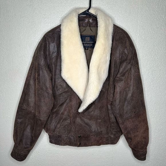 Byrnes & Baker Brown Leather Wool Collar Bomber Jacket Coat Size M - Picture 2 of 4